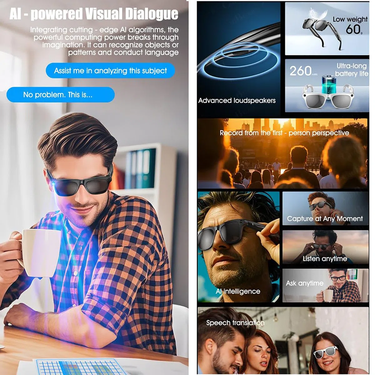AI Smart Glasses, Bluetooth con fotocamera (1920 * 1082), riconoscimento e traduzione + chiamata musica + doppio altoparlante (nero, nero)