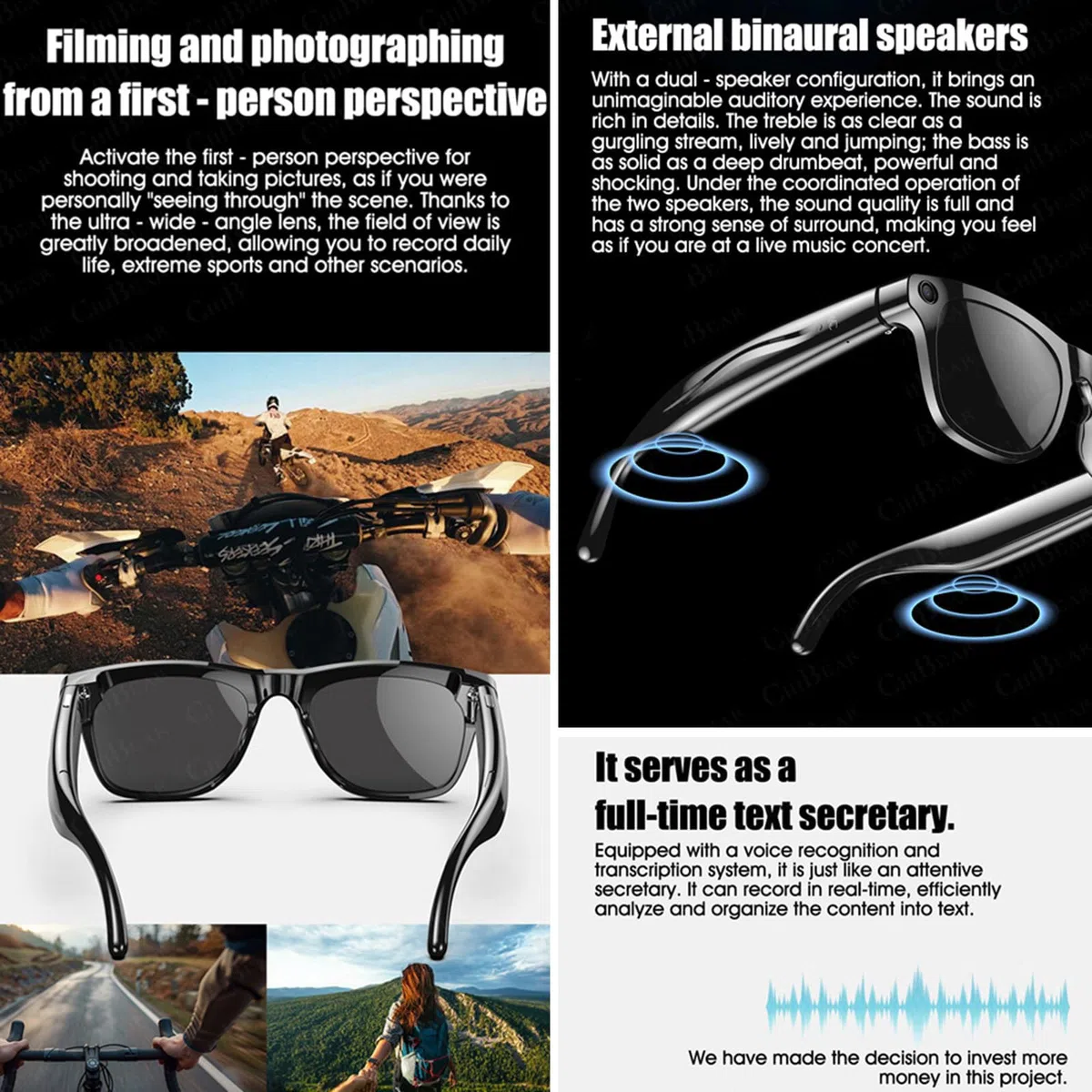 AI Smart Glasses, Bluetooth con fotocamera (1920 * 1082), riconoscimento e traduzione + chiamata musica + doppio altoparlante (nero, nero)
