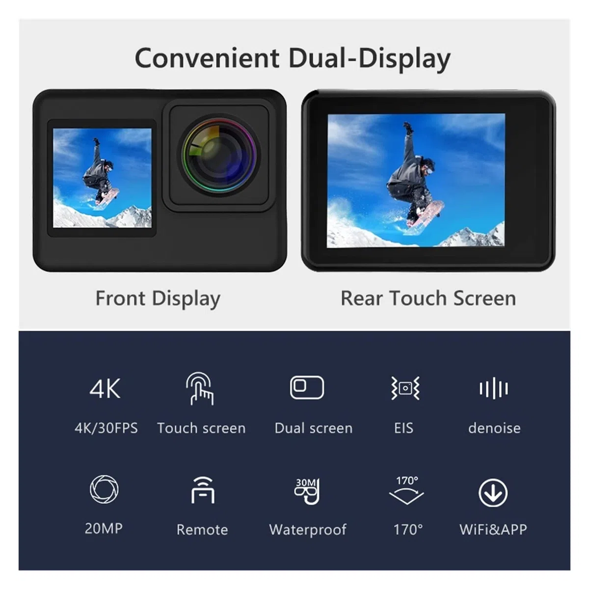 Action Cam, A10 Action Camera 4k EIS Ultra HD 20MP 170D Subacquea Impermeabile Cam Touch Screen 4X Zoom Video Go Sport PRO Cam,All'aperto, Sport, Video(4,Cam And Mic)