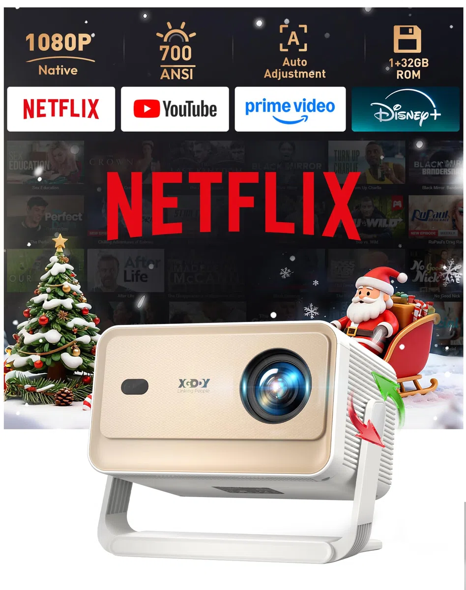 Xgody Gimbal N6 Pro Proiettore Videoproiettore Compatibile con Netflix, FHD 1080P Nativo Bluetooth, Calibrazione automatica dello schermo e controllo vocale, 700 ANSI Luminosità, WiFi 6