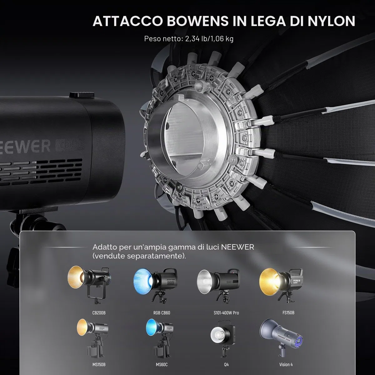NEEWER Softbox Parabolico 22"/55cm Montaggio e Piega Rapidi, Softbox, Diffusori/Griglia/Borsa, Compatibile Con Godox Aputure 60X S 150c 300c CB60 MS60B MS60C CB200B e Altre Luci Con Attacco Bowens
