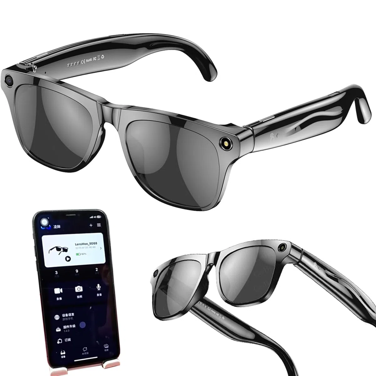 AI Smart Glasses, Bluetooth con fotocamera (1920 * 1082), riconoscimento e traduzione + chiamata musica + doppio altoparlante (nero, nero)