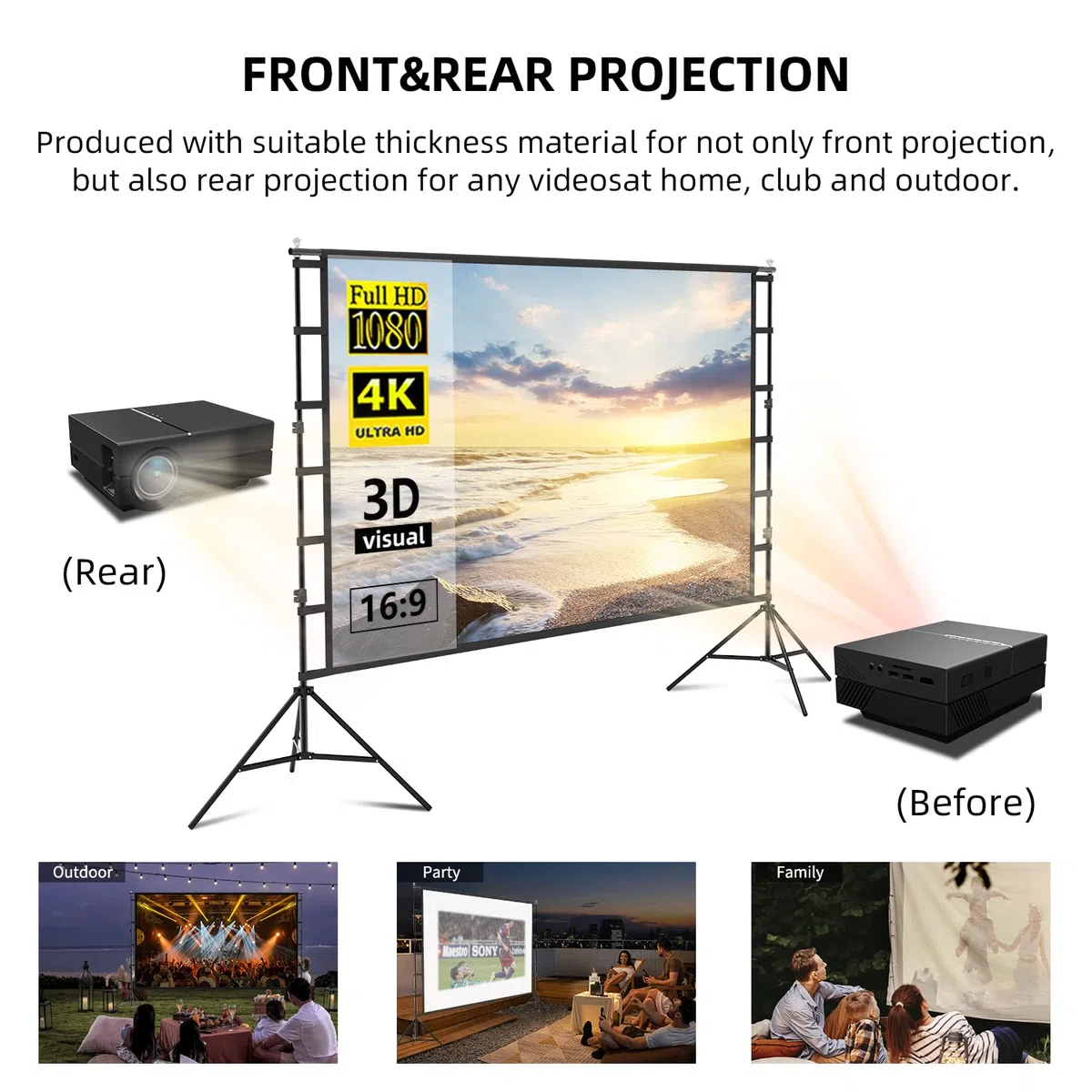 Schermo per proiettore con supporto, schermo da 150 pollici per interni ed esterni, 4K HD 16: 9, design senza pieghe per la notte di film in cortile (facile da pulire, 1.1 gain, angolo di visione di