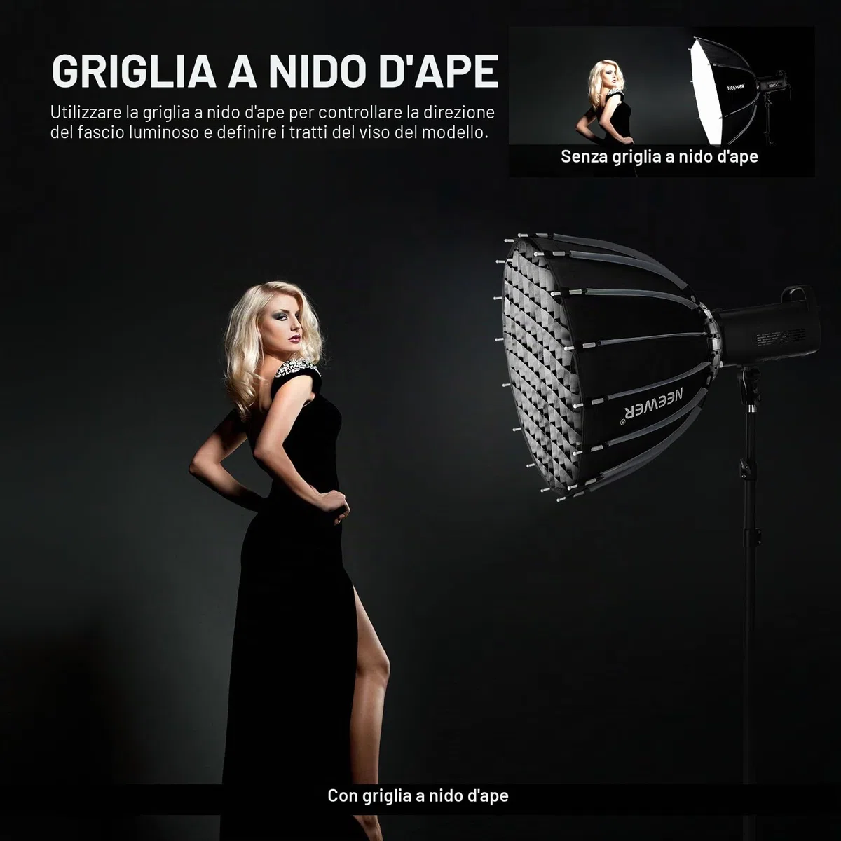 NEEWER Softbox Parabolico 22"/55cm Montaggio e Piega Rapidi, Softbox, Diffusori/Griglia/Borsa, Compatibile Con Godox Aputure 60X S 150c 300c CB60 MS60B MS60C CB200B e Altre Luci Con Attacco Bowens
