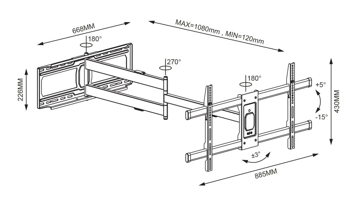 Techly 368048 Supporto a Muro Extra Long Full Motion per TV 42-80" Nero