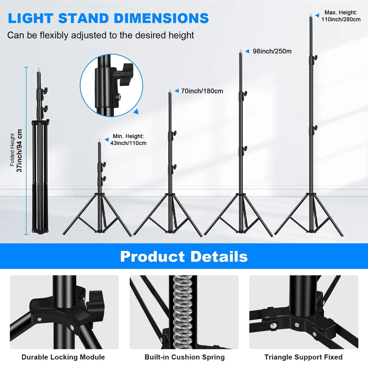 Supporto per luce resistente da 2,8 m con molla in alluminio imbottito, supporto per illuminazione treppiede, carico massimo: 10 kg, regolabile 94 cm-280 cm, con borsa per il trasporto, per