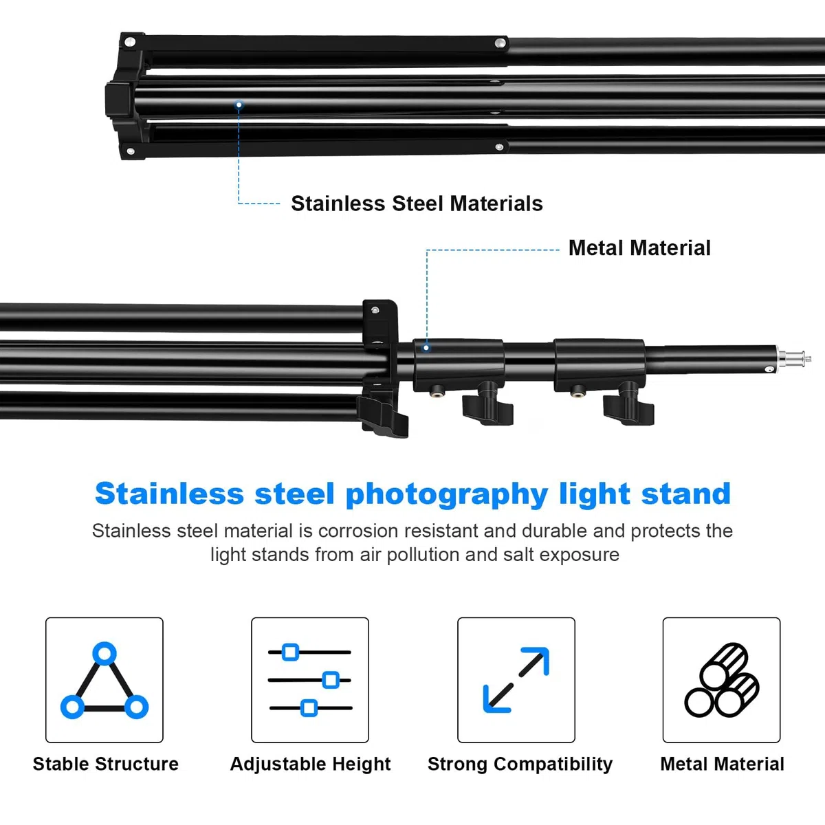 Supporto per luce resistente da 2,8 m con molla in alluminio imbottito, supporto per illuminazione treppiede, carico massimo: 10 kg, regolabile 94 cm-280 cm, con borsa per il trasporto, per