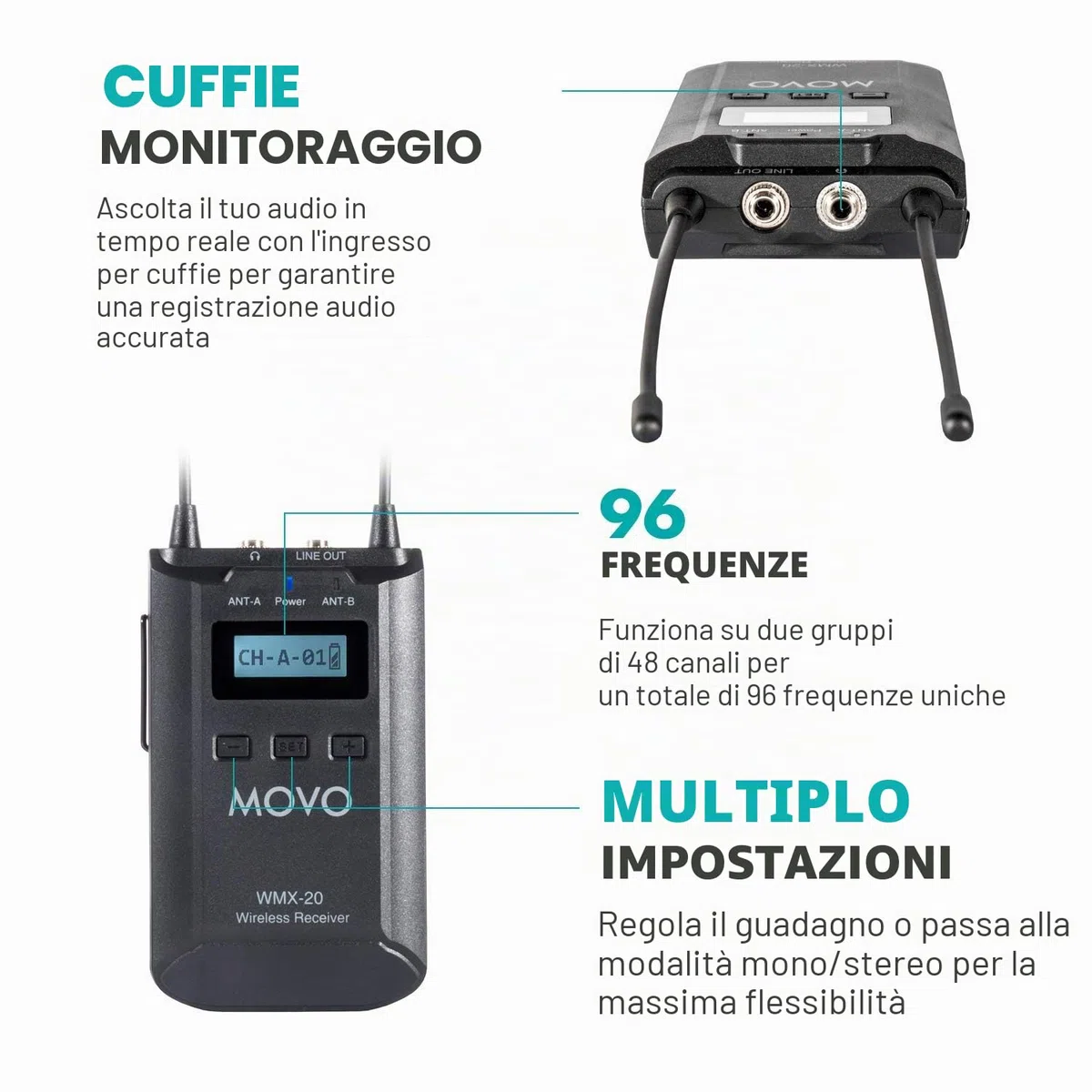 Movo Sistema Microfono Lavalier Wireless UHF a 48 Canali WMX-20-DUO con 1 Ricevitore, 2 Trasmettitori e 2 Microfoni con Risvolto Compatibile con Fotocamere DSLR (Gamma Audio 100 Metri)