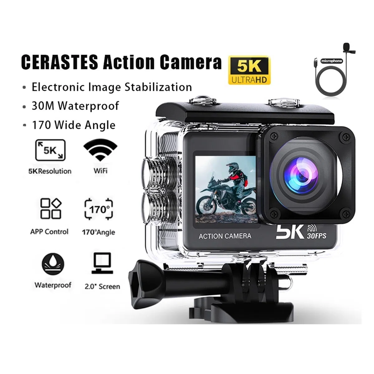 Action Camera 5K 4K 60FPS WiFi Anti Shake Doppio Schermo 170 ° Grandangolo 30 M Fotocamera Sportiva Impermeabile Con Telecomando Alta Risoluzione(64G)