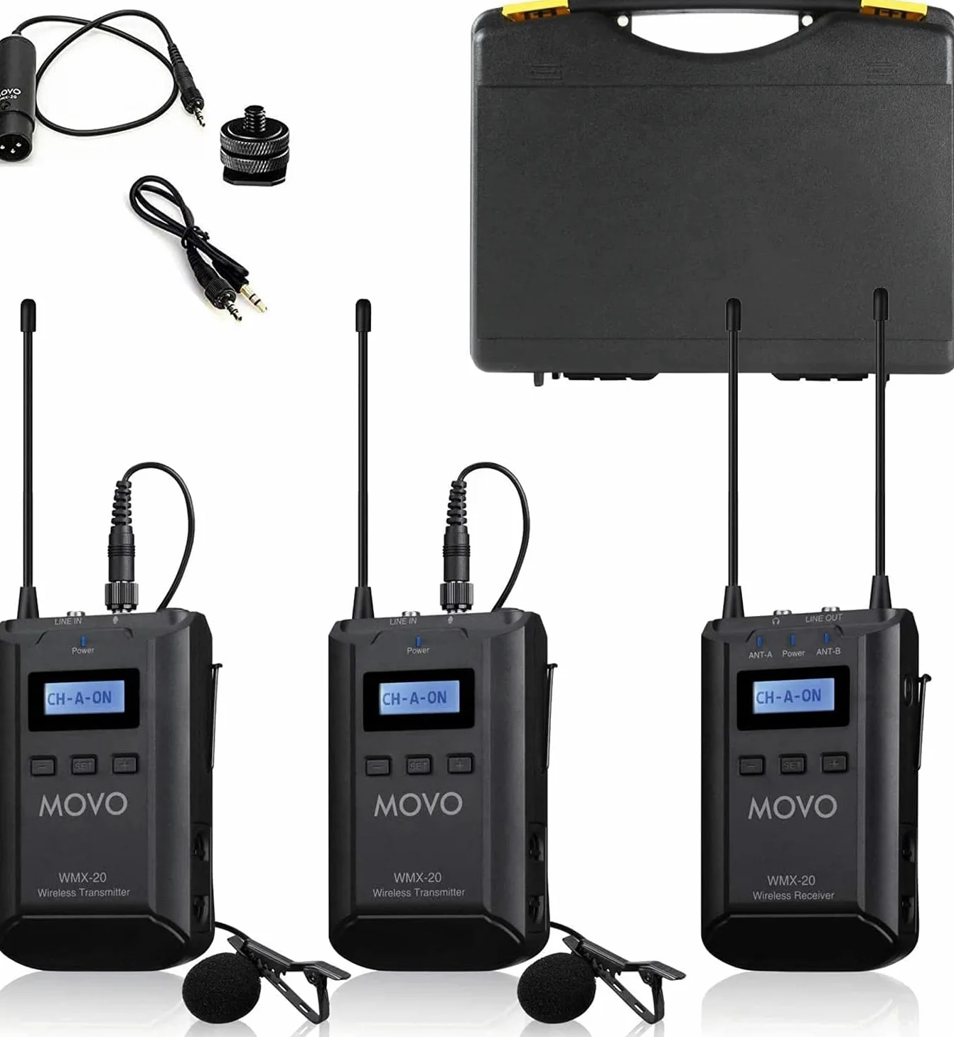 Movo Sistema Microfono Lavalier Wireless UHF a 48 Canali WMX-20-DUO con 1 Ricevitore, 2 Trasmettitori e 2 Microfoni con Risvolto Compatibile con Fotocamere DSLR (Gamma Audio 100 Metri)