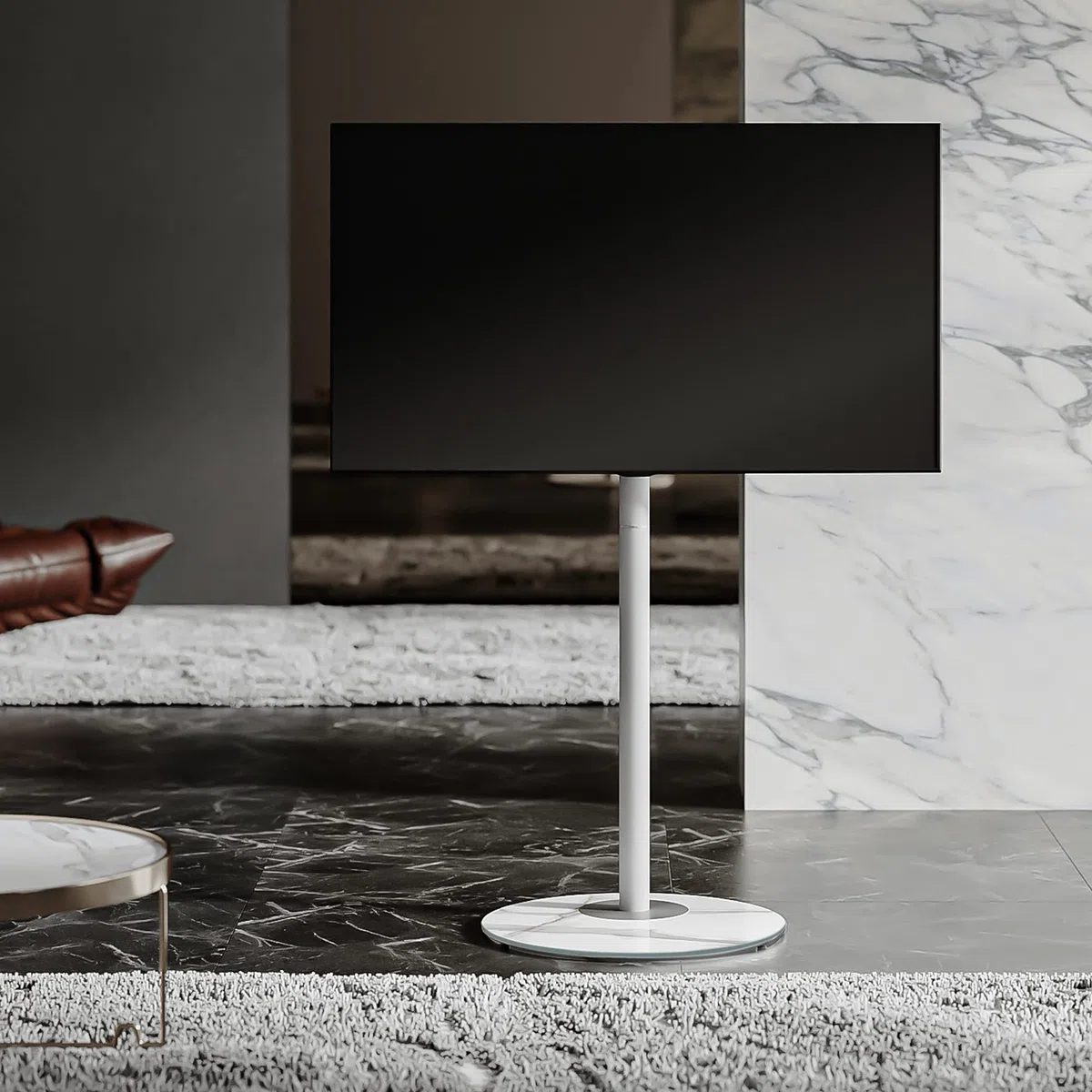 FITUEYES Supporto TV da pavimento di in stile scandinavo per supporto TV ad angolo da 32" a 60" serie Master con base in vetro strutturato Rockslab Gestione dei cavi nascosta