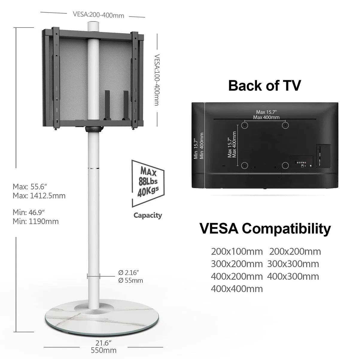FITUEYES Supporto TV da pavimento di in stile scandinavo per supporto TV ad angolo da 32" a 60" serie Master con base in vetro strutturato Rockslab Gestione dei cavi nascosta