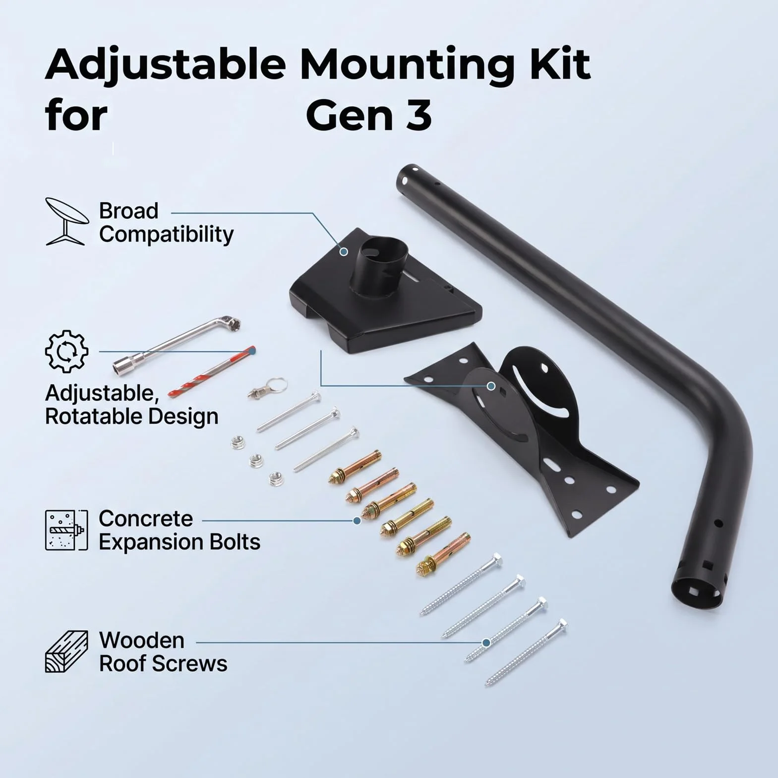 Supporto per Antenna a Parete, Kit Montaggio Antenna Parabolica Regolabile in Lega di Alluminio con Adattatore per Tetto, con Regolazione Angolare per 4 4X V3