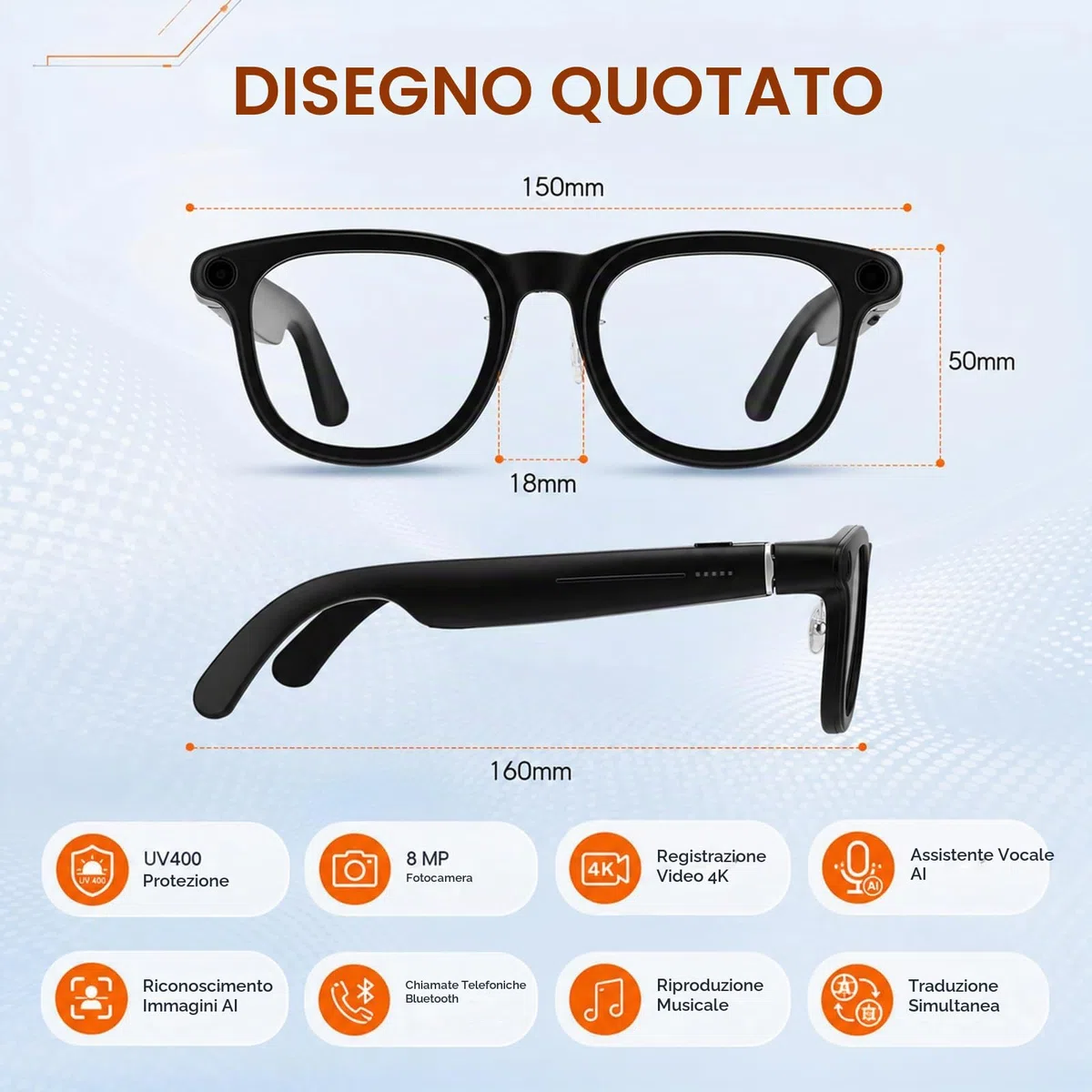 AI Smart Glasses con fotocamera, occhiali per registrazione video 4K HD, traduzione in tempo reale in 163 lingue, assistente vocale GPT KI, Bluetooth, con controllo vocale, fotocromatico UV400 Smart