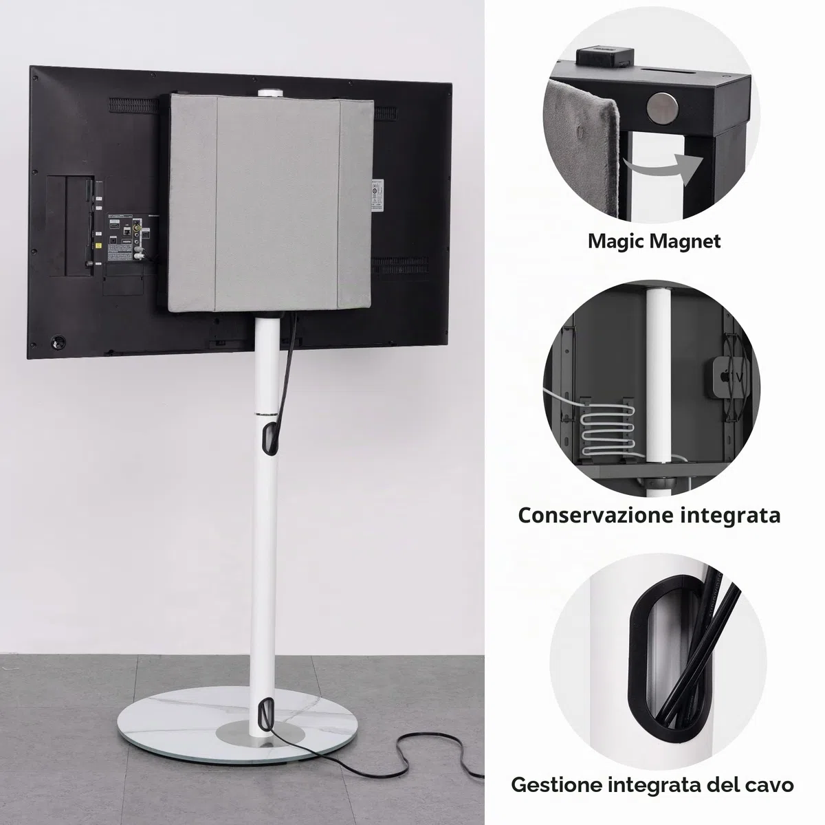 FITUEYES Supporto TV da pavimento di in stile scandinavo per supporto TV ad angolo da 32" a 60" serie Master con base in vetro strutturato Rockslab Gestione dei cavi nascosta