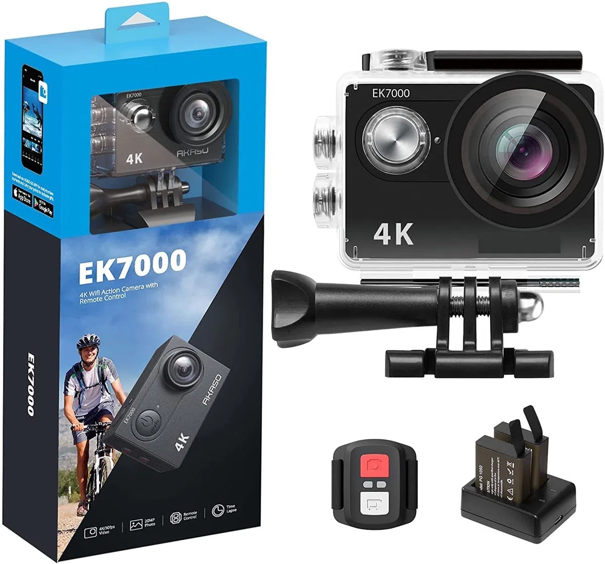 Action Cam, EK7000 4K Action Camera Videocamera DV Impermeabile Ultra HD Telecamere da 12 MP Fotocamera Sportiva Grandangolo da 170 Gradi Originale,All'aperto, Sport, Video
