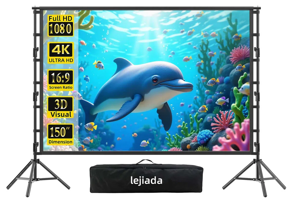 Schermo per proiettore con supporto, schermo da 150 pollici per interni ed esterni, 4K HD 16: 9, design senza pieghe per la notte di film in cortile (facile da pulire, 1.1 gain, angolo di visione di