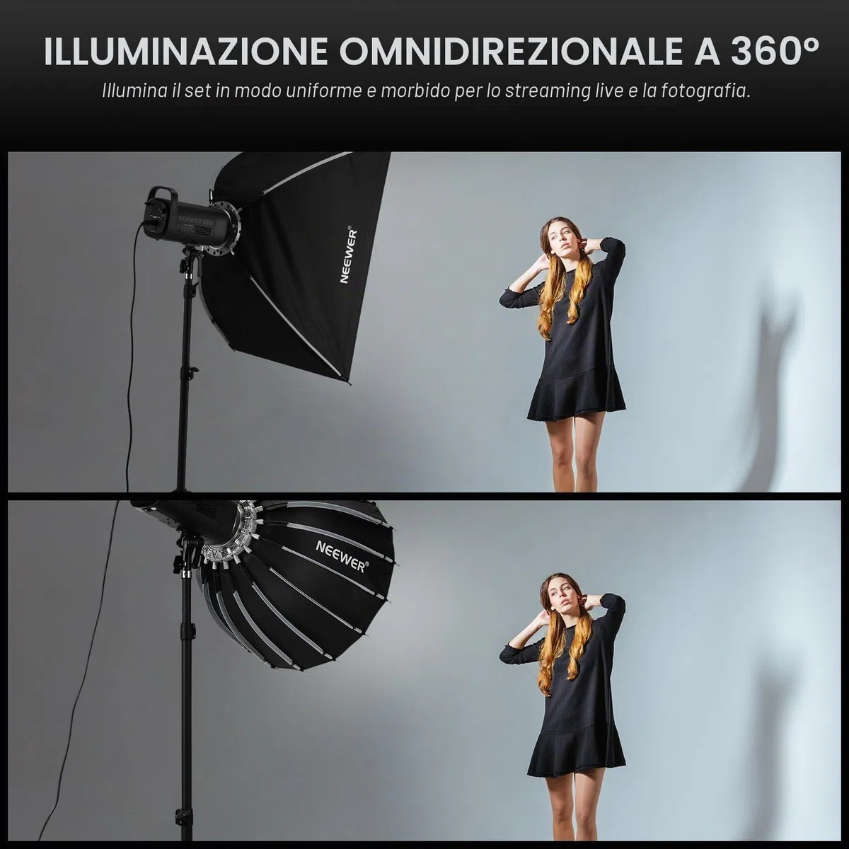 NEEWER Softbox Parabolico 22"/55cm Montaggio e Piega Rapidi, Softbox, Diffusori/Griglia/Borsa, Compatibile Con Godox Aputure 60X S 150c 300c CB60 MS60B MS60C CB200B e Altre Luci Con Attacco Bowens
