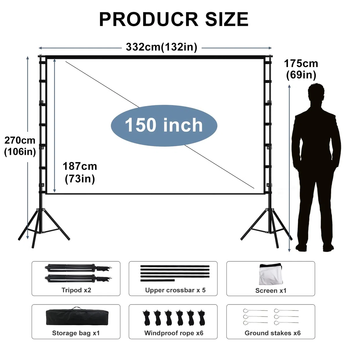 Schermo per proiettore con supporto, schermo da 150 pollici per interni ed esterni, 4K HD 16: 9, design senza pieghe per la notte di film in cortile (facile da pulire, 1.1 gain, angolo di visione di